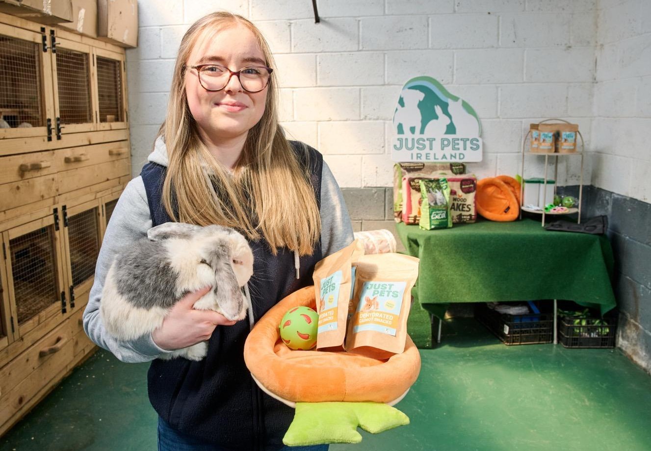 Emma Finucane with real Just Pets Ireland rabbit food and treats
